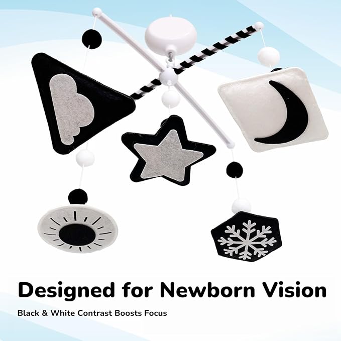 Montessori Mobile, Black and White Baby Crib Mobile, Neutral Nursery Mobile Decoration for Pack N Play, for Baby Boy & Girl, Sun, Moon, Star, Snow, Cloud with Arm & Music Box