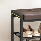 HOOBRO Small Shoe Bench, 3-Tier Shoe Rack, Shoe Storage Bench with PU Seat Cushion, Entryway Shoe Rack Bench with Metal Mesh Shelves, Freestanding Shoe Organizer for Hallway, Brown CB33HX01