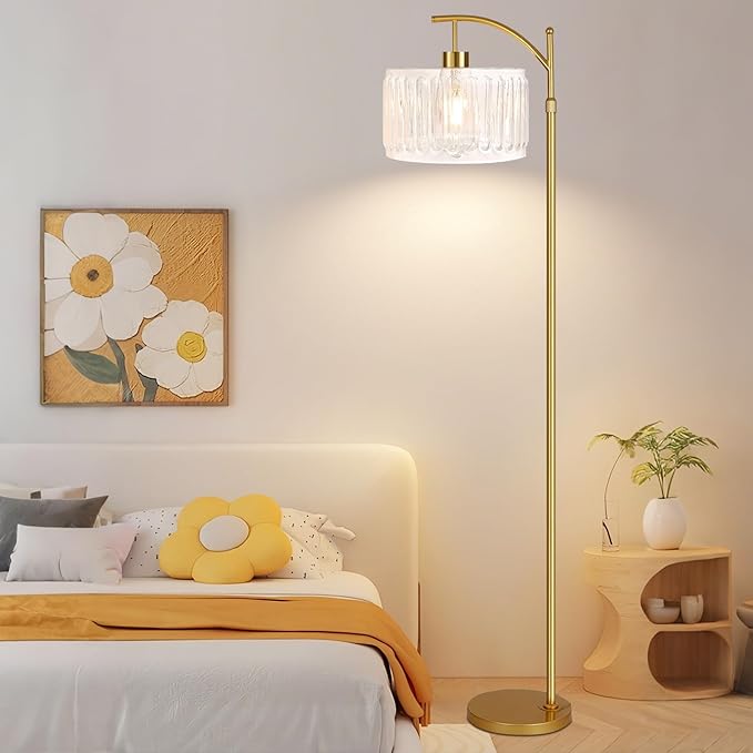Glass Floor Lamp for Living Room,Bedroom,Gold Dimmable Standing Lamp with Remote,Brass White Tall Lamp Boho Mid Century Modern Floor Lamps Arc Floor Light Lamp Girls Kids Bohemian