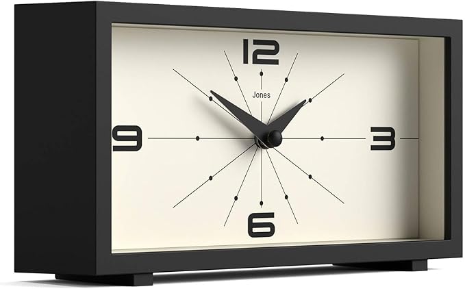 JONES CLOCKS® Odeon Desk Clock | Modern Rectangular Design | Black | Stylish Retro Look for Shelf, Table, Mantel or Bedside