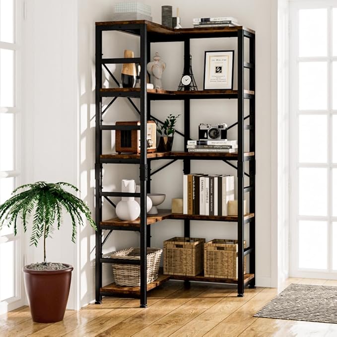 NUMENN 5 Tier Corner Bookshelf, Modern Corner Bookcase, Large Open Shelf Bookcase, Tall Bookshelves Storage Display Rack for Bedroom, Living Room and Home Office, Vintage