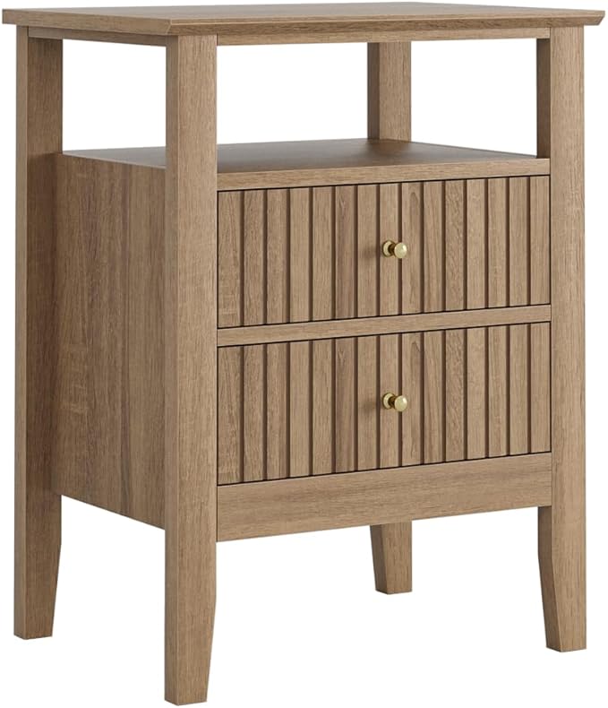 Fluted Nightstand, Farmhouse Night Stand with 2 Drawers, Mid Century Modern Side Accent Table,Bedside End Table for Bedroom, Living Room, Natural