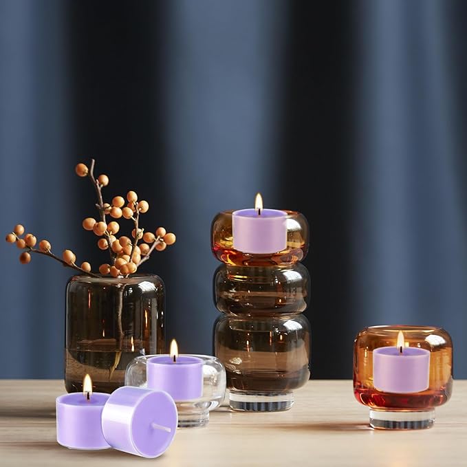 50 Pack Bulk Lavender Scented Tealight Candles in Clear Cup, Purple Wax Votive Candle for Birthdays Weddings Churches Anniversaries & More（8 Hour）