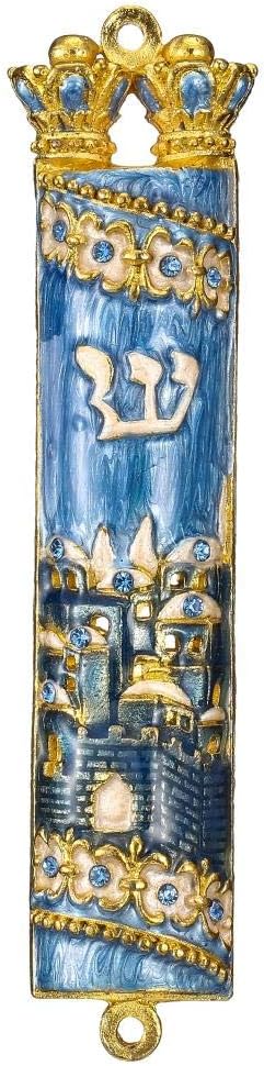 Matashi Hand Painted Mezuzah Gold Plated and Crystals (Blue Enamel Mezuzah Jerusalem City)