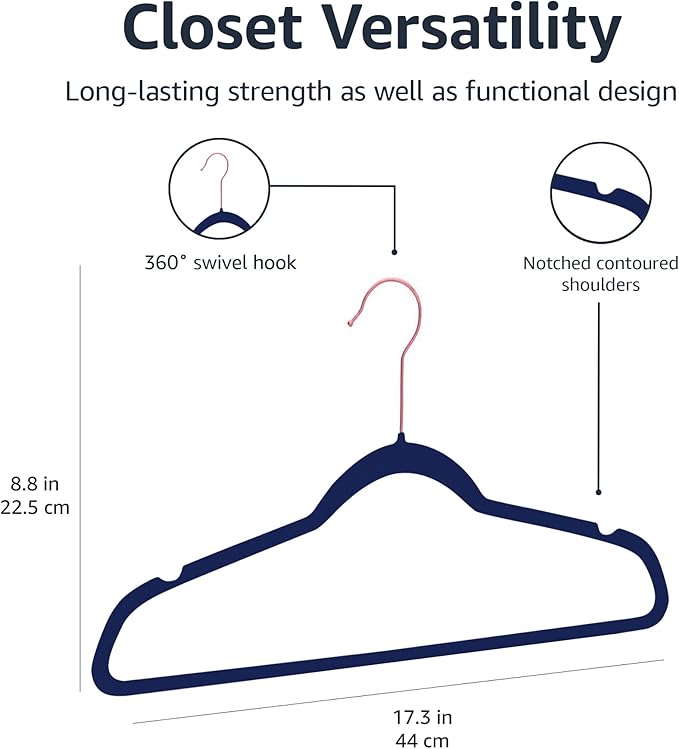 Amazon Basics Slim Velvet, Non-Slip Suit Clothes Hangers, Pack of 50, Navy Blue/Rose Gold
