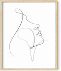 Minimalist Woman Profile Wall Art Upward Gaze Continuous Line Drawing Feminine Face 8x10 Inch Oak Wood Beige Framed Modern Aesthetic Print for Living Room