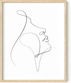 Minimalist Woman Profile Wall Art Upward Gaze Continuous Line Drawing Feminine Face 8x10 Inch Oak Wood Beige Framed Modern Aesthetic Print for Living Room