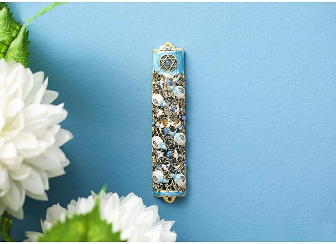 Matashi 6" Hand Painted Enamel Mezuzah Embellished with a Ivy and Flowers Design with Gold Accents Blue Crystals