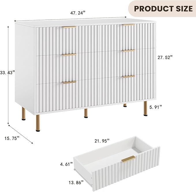 GarveeHome White 6 Drawer Dresser for Bedroom, Fluted 47.2 in Wide Modern Chest of Drawers with Deep Drawers, Long Large Double Dresser TV Stand for Living Room, Hallway, Kids Room