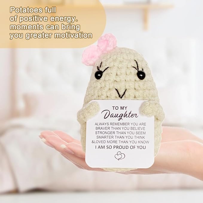 WASTIME Funny Knitted Wool Doll Toy with Positive Card - Creative Cute Mini Crochet Positive Potato Dolls Cheer Up Gift for Family Kids Friends Encouragement Decoration (B- to My Daughter)