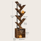 Tree Bookshelf, 6 Tier Bookcase with 2 Storage Racks, Free Standing Tall Wooden Bookcase, Floor Standing Book Shelf Organizer for Living Room, Bedroom, Study, Home Office, Rustic Brown