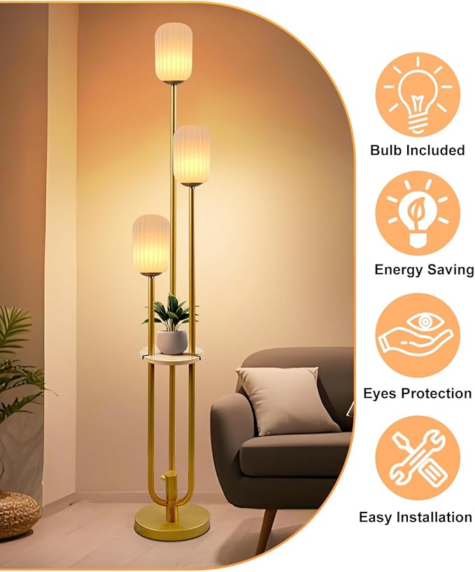 Lightdot Gold Dimmable Floor Lamp with Shelf, Modern Floor Lamps with Oval Striped Lampshade 3000K Bulb Included 3-Lights Candle Holder Style Tall Lamp for Living Room/Bedroom/Sofa Beside/Corner Decor