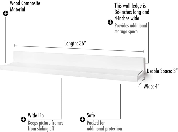 Americanflat 36" Floating Shelf - Made of Engineered Wood with Lipped Ledge - Long Floating Wall Shelves for Bedroom, Bathroom, Kitchen, Office, and Living Room - White
