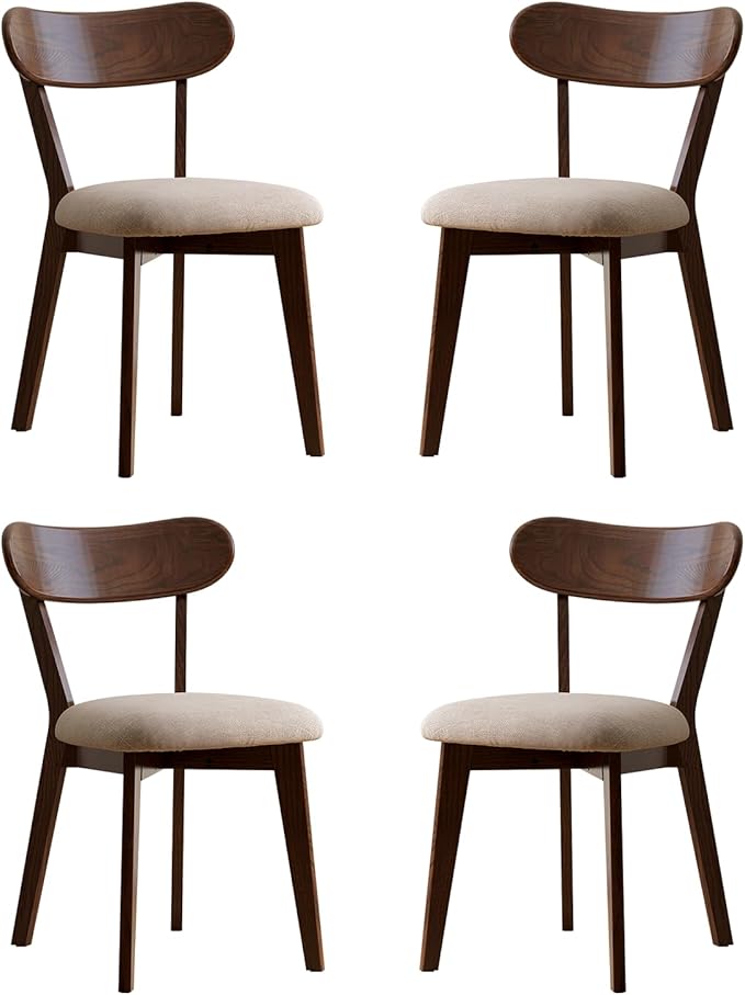 100% Solid Oak Dining Chairs, Mid Century Modern Dining Chair with Curved Backrest, Fabric Upholstered Dining Chairs for Kitchen, Study, Living Room (4, Walnut Wood-Gray Cushion)