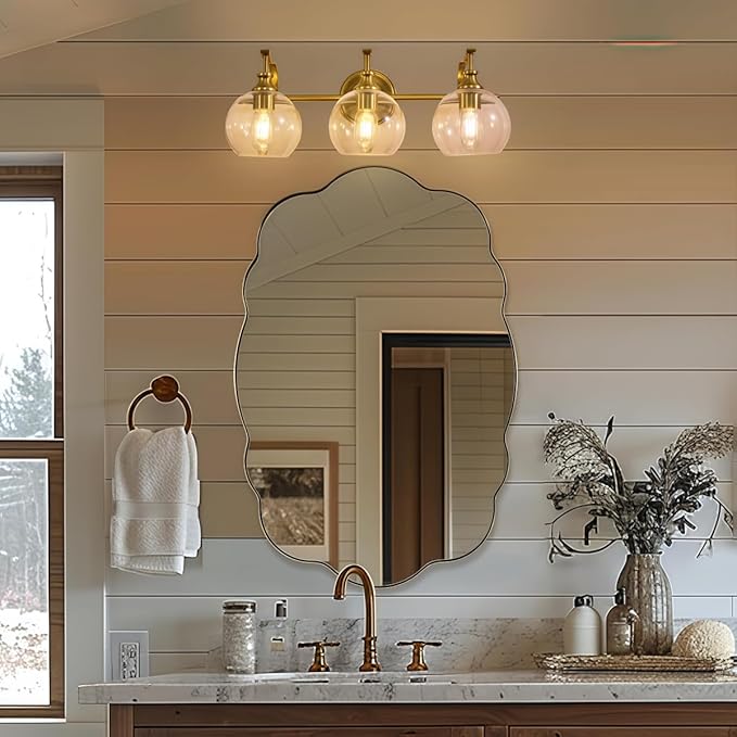 ANDY STAR Bruhsed Gold Bathroom Light Fixtures, Gold 3 Light Bathroom Vanity Lights, 3 Lights Wall Light with Globe Clear Lampshade, Vintage Brass Sconce with Metal Lamp Body for Bedroom, Living Room
