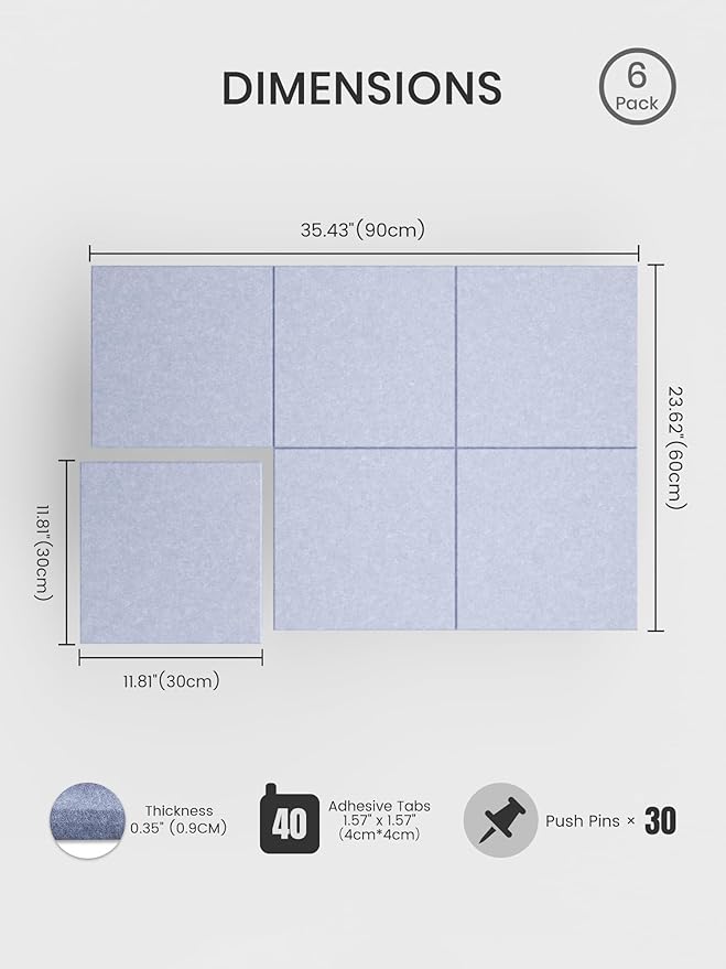 Bumusty Large Cork Board 36" x 24" Alternative - 6 Pack Felt Wall Tiles with 40 Safe Removable Adhesive Tabs, 30 Pushpins, Cork Boards for Walls Pin Board Bulletin Board Office Decor (Soft Periwinkle)