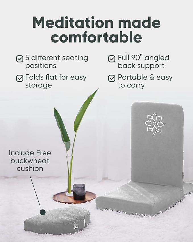 Mindful Modern Folding Pro Meditation Chair - Adjustable Meditation Seat with Back Support and Half Moon Buckwheat Meditation Cushion - Comfortable Mindfulness Living Room Floor Chair