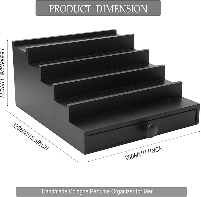 5 Tier Cologne Organizer for Men - Wooden Black Cologne Perfume Display Stand with Drawer and Hidden Compartment, Mens Cologne Holder Shelf for Organizing and Storing