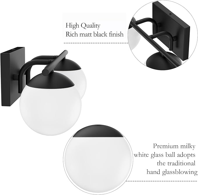 Ralbay Black Mid Century Modern 2-Light Bathroom Vanity Light Fixtures with Matte Black Milky Glass Globe