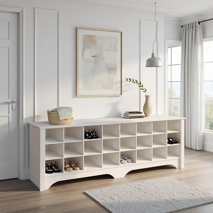 Prepac White Hall Bench with Storage and Seating: 24-Shoe Cubby Bench, Ideal White Shoe Rack for Entryway, Sized 15.5" D x 60" W x 20.25" H