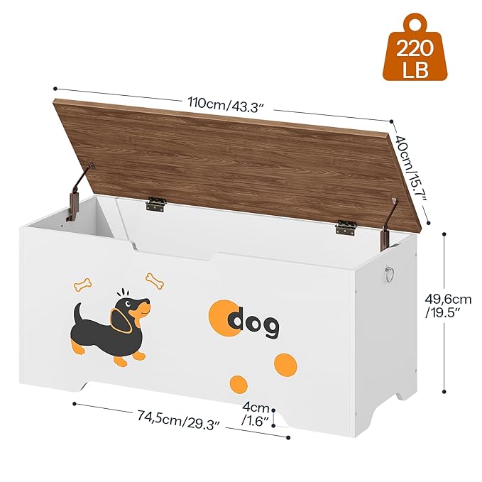 HOOBRO Toy Box, Toy Chest with 2 Safety Hinges, 43.3" Storage Bench, Wooden Storage Chest, for Entryway, Bedroom, Living Room, White and Walnut WH495CW01