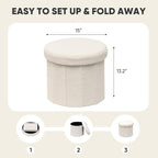 PINPLUS Round Storage Ottoman Cube Footrest - Versatile Boucle & Faux Teddy Fur Stool with Hidden Compartment for Living Room, Dorm, Bedroom White, 15"x15"x13.2"