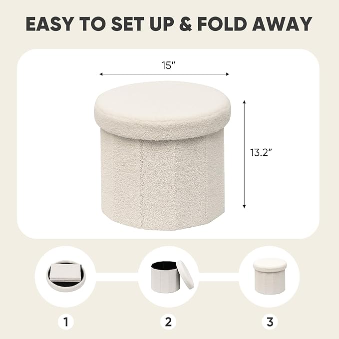 PINPLUS Round Storage Ottoman Cube Footrest - Versatile Boucle & Faux Teddy Fur Stool with Hidden Compartment for Living Room, Dorm, Bedroom White, 15"x15"x13.2"