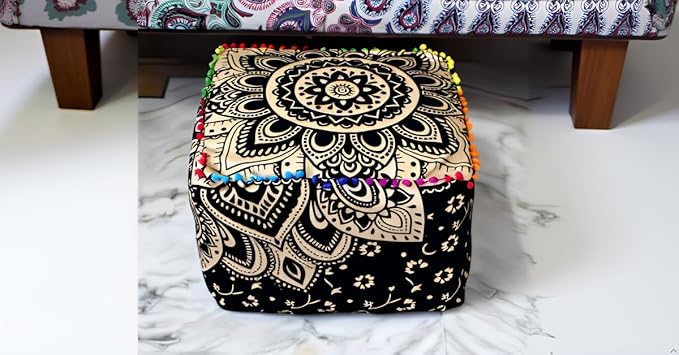 CRAFT KALA Mandala Meditation Floor Pillows Cover Square Pillow Seating Hippie Decorative Adults Bohemian Cushion Cover Outdoor Living Room Throw Ottoman Poufs Cover 18X18X14 inches, Black Gold Flower