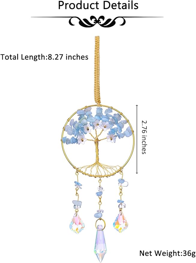 CrystalTears Aquamarine Crystal Tree Life Hanging Ornament for Wall Window Home Room Decor, Feng Shui Healing Crystals Gemstone Glass Suncatcher Car Ornament, Crystal Gifts for Women Christmas