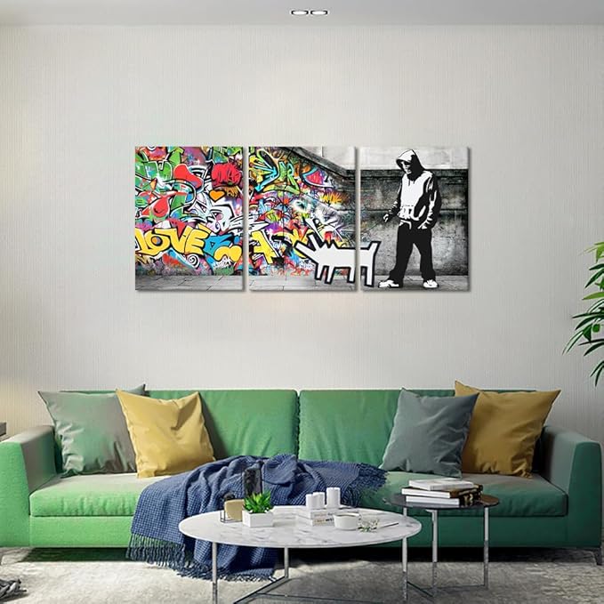 Novatique Banksy Wall Art Colorful Graffiti Canvas Wall Art Street Canvas Print Painting Street Cool Art Picture Decor Modern Graffiti Decor for Men Bedroom Living Room, 12" x 16" x 3Pcs