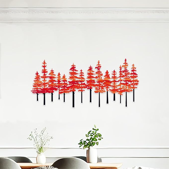 Metal Pine Tree Wall Art Decor Nature Home Decor Cedar Trees Metal Sign Wall Decorations for Living Room, Forest Decor, Nature Lover Gift (Black Red)