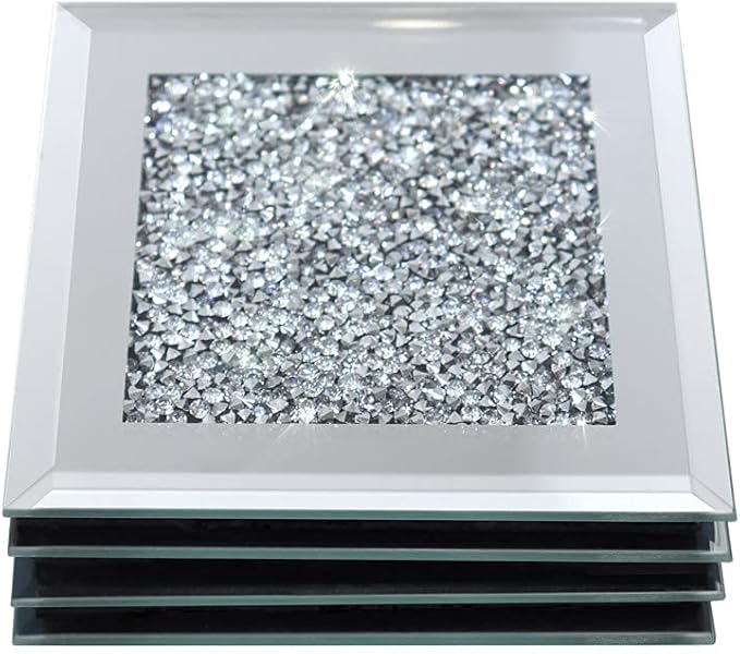 GIMORRTO Glass Mirrored Coaster 4 PC, Crushed Diamond Square Cup Mat 4" Decor on Tabletop for Bar Tools Dining Table