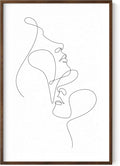 Minimalist Face to Face Wall Art Two Portraits Continuous Line Drawing 24x36 Inch Oak Wood Walnut Framed Modern Aesthetic Profile Print for Bedroom Decor