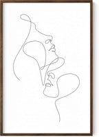 Minimalist Face to Face Wall Art Two Portraits Continuous Line Drawing 24x36 Inch Oak Wood Walnut Framed Modern Aesthetic Profile Print for Bedroom Decor