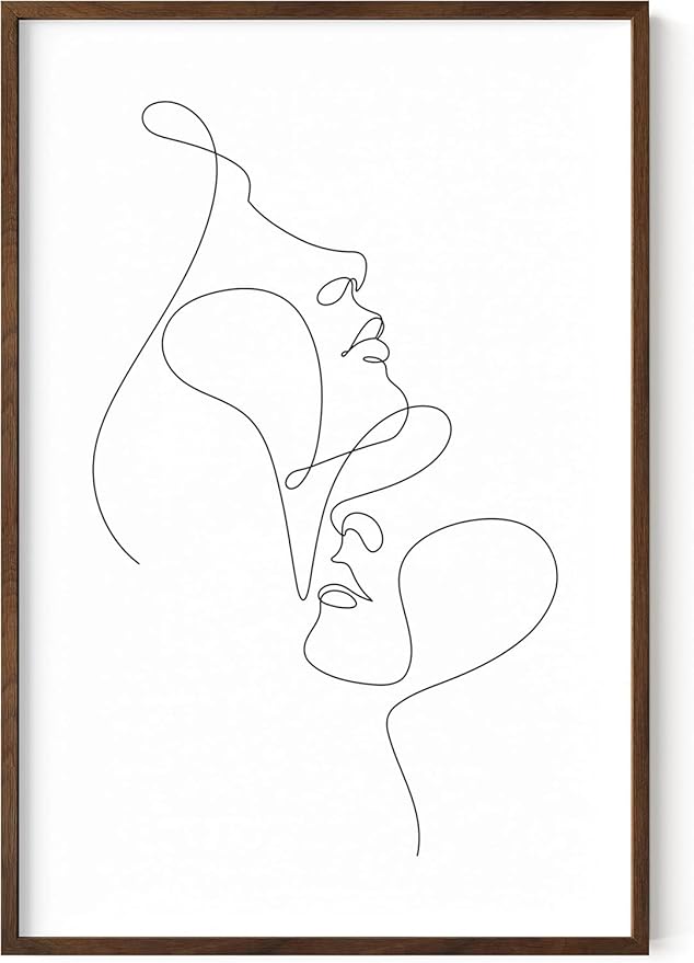 Minimalist Face to Face Wall Art Two Portraits Continuous Line Drawing 24x36 Inch Oak Wood Walnut Framed Modern Aesthetic Profile Print for Bedroom Decor