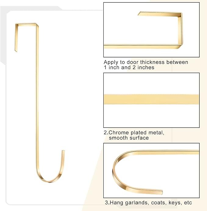 Hotop 15 Inch 6 Pcs Wreath Hangers for Front Door Over The Door Hanger Hooks Steel Wreath Doors Hangers Clothes Towel Hooks Holder for Christmas Halloween Front Decorations Welcome Sign(Champagne)