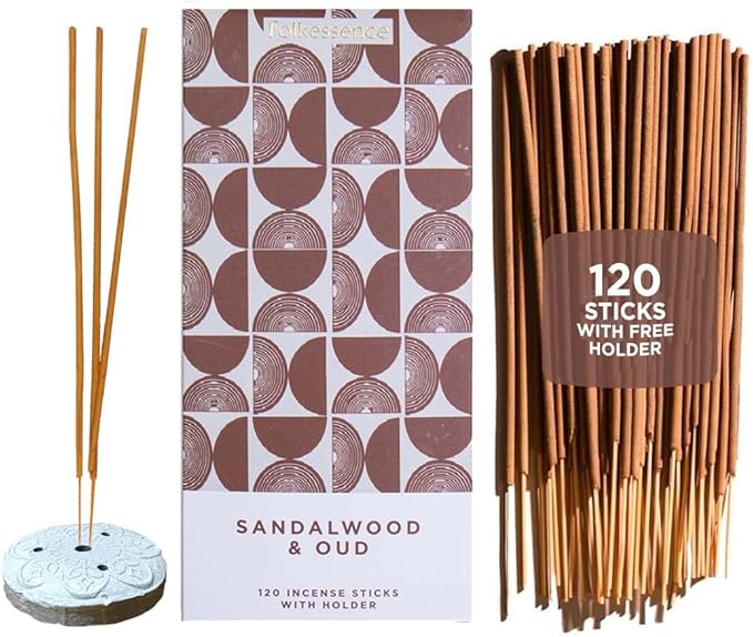 Folkulture Incense Sticks | Set of 120 Insence-Sticks with Holder for Relaxation | Sandalwood & Oud Incense| Organic, Slow Burning & Non Toxic Inscents | Luxe Santal Fragrances for Meditation