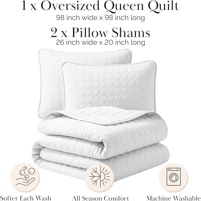 Southshore Fine Living, Inc. White Quilts Queen Size Set, Lightweight Summer Bedspread with 2 Quilted Pillow Shams, Cozy, Soft Circle-Stitch Design, Queen Size/Full Size, White