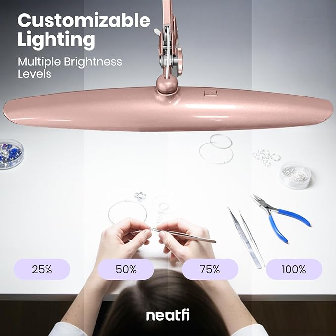 Neatfi XL Nail Desk Lamp with Clamp, 2200 Lumens, 20-Inch Wide Head, Dimmable 4 Levels, 6500K, LED Task Light for Manicure Table, Crafts, Workbench, Office (Non-CCT, Rose Gold)