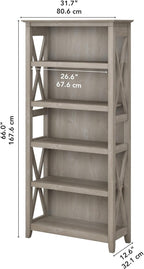 Bush Home Tall 5 Shelf Bookcase for Living Room or Home Office, Large Bookshelf, Modern Farmhouse Style, Key West Collection, Washed Gray