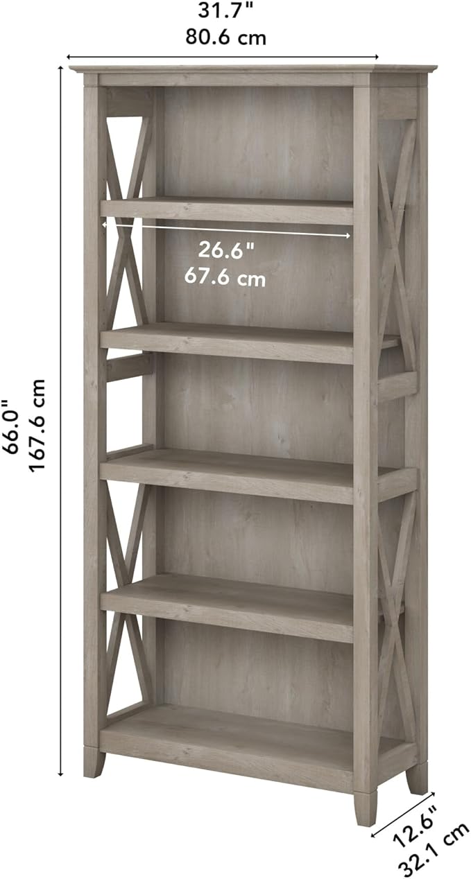 Bush Home Tall 5 Shelf Bookcase for Living Room or Home Office, Large Bookshelf, Modern Farmhouse Style, Key West Collection, Washed Gray