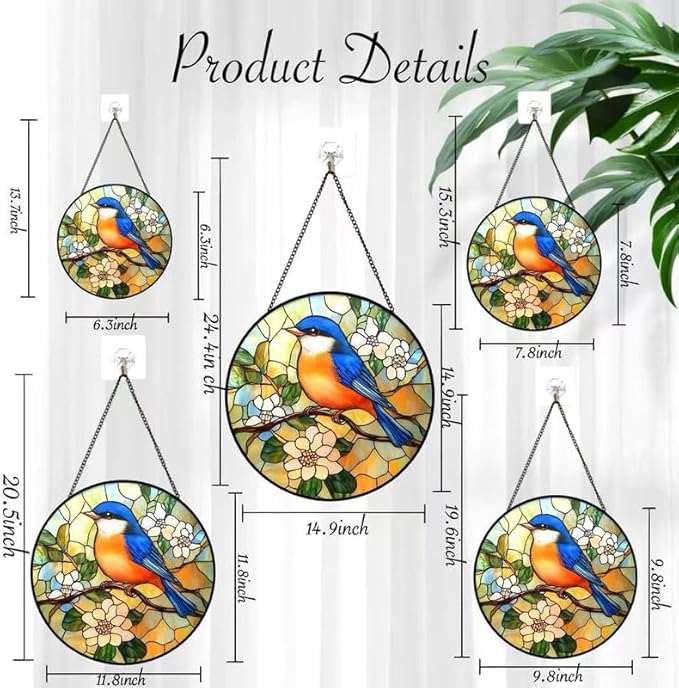 Bluebird Stained Glass Suncatcher – Tiffany Style Blue & Orange Bird Window Hanging, Round Glass Sun Catcher with Flowers for Home Window Decor, Nature Lover Gift