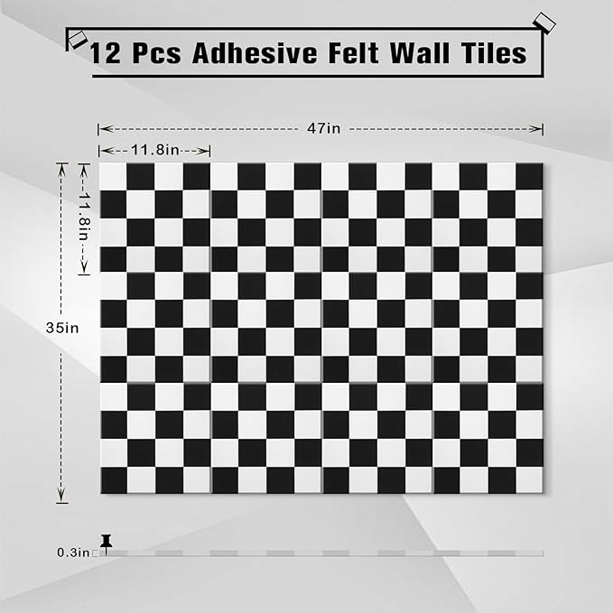 Geyoga 12 Pcs Cork Board for Wall 12 x 12 Inch Retro Black and White Checkered Bulletin Board Acoustic Wall Panels Boho Felt Tiles Cute Self Adhesive Hanging Decor for Office Home Classroom(Classic)