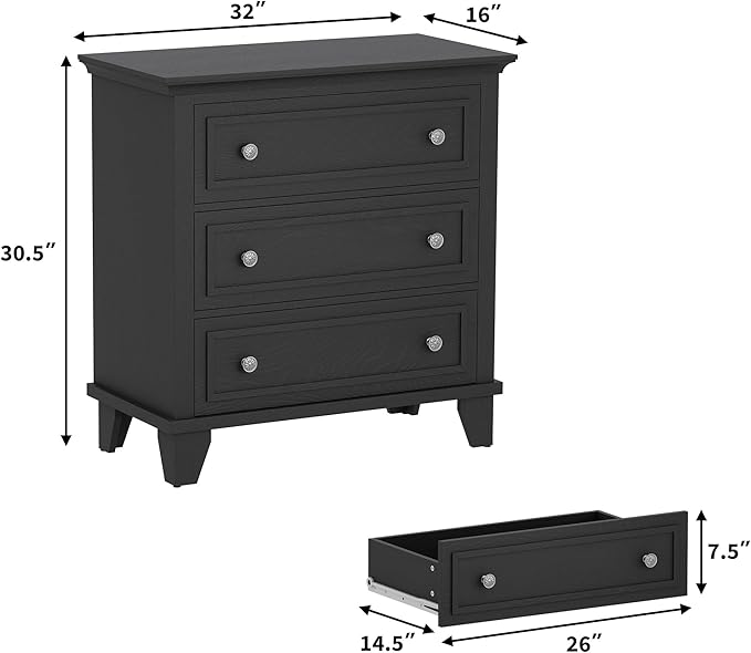 GarveeHome Black 3 Drawer Dresser for Bedroom, Wide Chest of Drawers with Vintage Handle, Wood Dresser Wide Nightstand for Living Room