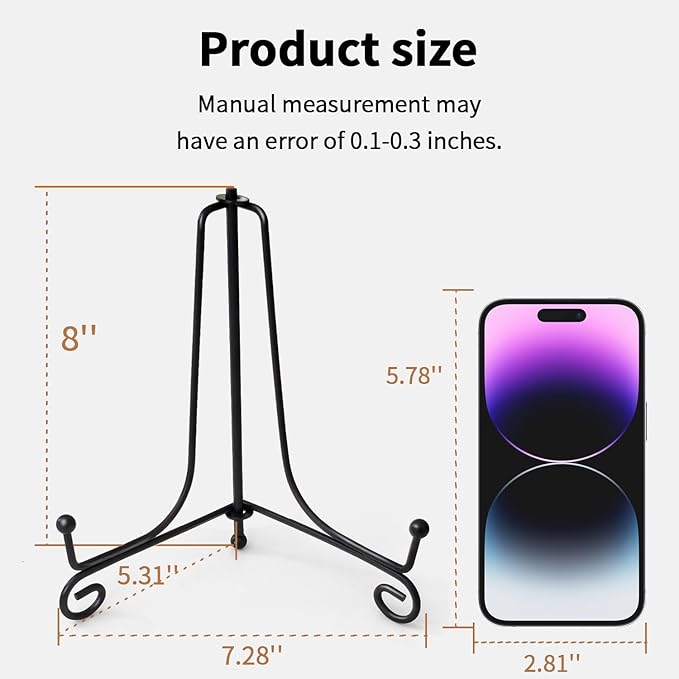 Iron Plate Stands for Display, Foldable Book Holder & Easel Stand for Sign, Versatile Poster Stand and Small Plate Stand for Home Decor, Art, Photo Frame, Card, Crystal Display (Black, 8 inch (4Pcs))