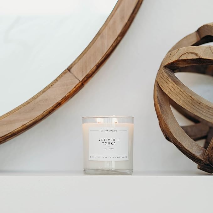 Calyan Wax Co. Vetiver & Tonka 2 Wick Scented Candle - 37 Hour Burn - Luxury Non Toxic Soy Wax Candles - Long Lasting Large Glass Jar Candle for Home - 8.8oz