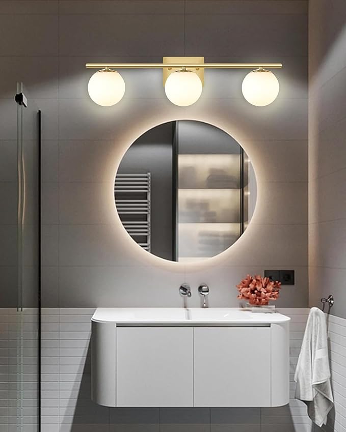New Bathroom Vanity Light Fixtures 3 Lights Brushed Brass Glass Shade Modern Wall Bar Sconce Over Mirror