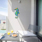 John's Studio Seahorse Sea Wall Decor Outdoor Metal Garden Hanging Art Glass Sculptures Home Ocean Theme Decorations for Kitchen Bathroom and Pool
