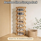 The 9-Tier No-Assembly Bamboo Rack(Foldable Storage), Bamboo Shoe Storage Rack, Space-Saving, Holds 14+ Pairs, Unfolds in 10 Sec (Brown, 9 Tier)