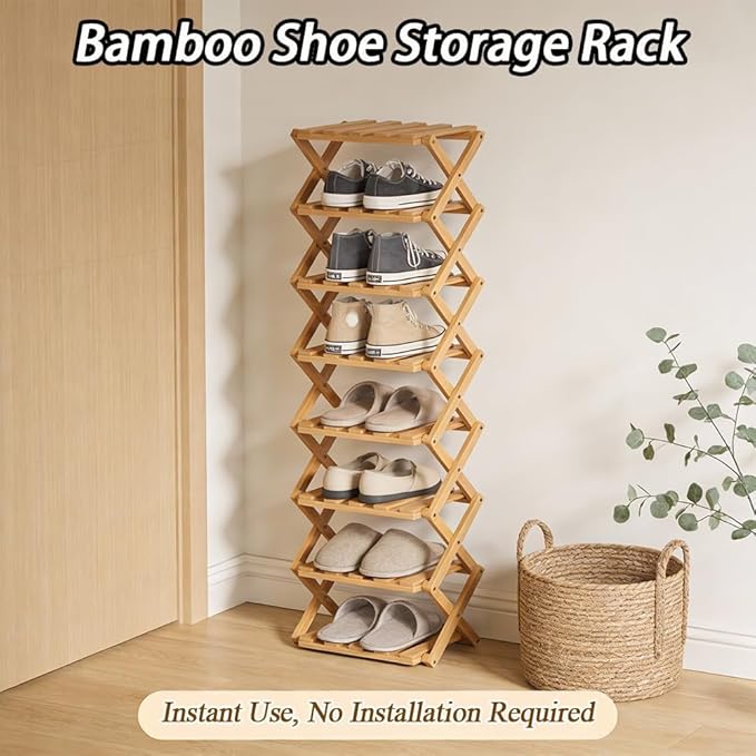 The 9-Tier No-Assembly Bamboo Rack(Foldable Storage), Bamboo Shoe Storage Rack, Space-Saving, Holds 14+ Pairs, Unfolds in 10 Sec (Brown, 7 Tier)